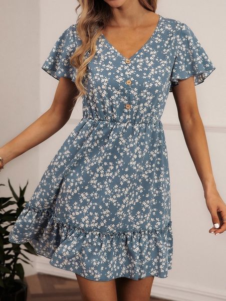 

ditsy floral print v-neck ruffle hem dress h6la#, Black;gray