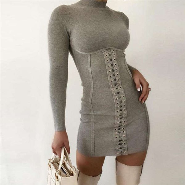 

round ins neck style new women's long sleeve dress with waist strap and hip wrap skirt 15512, Black;gray