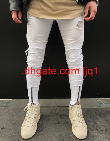 

2019 new jeans men's jeans white locomotive hole men's trousers, Blue