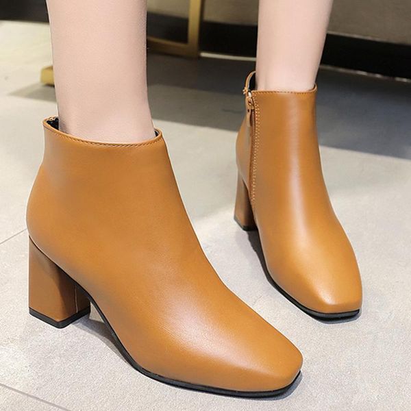 

warm winter shoes ladies shoes woman party wedding pumps ankle's leisure solid pointed toe zipper square high heel boots, Black