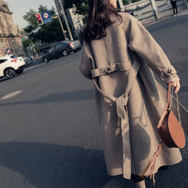

single breasted turn-down collar coat and jacket england style sashes women long cashmer coat loose solid women's woolen jacket lj20120, Black