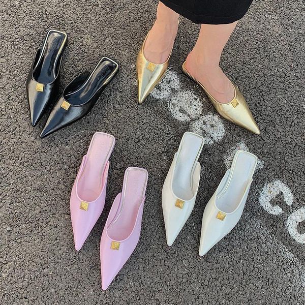 

slippers fashion pointed toe women casual flats heeled shallow slides mules shoes summer elegant rivet flip flops, Black