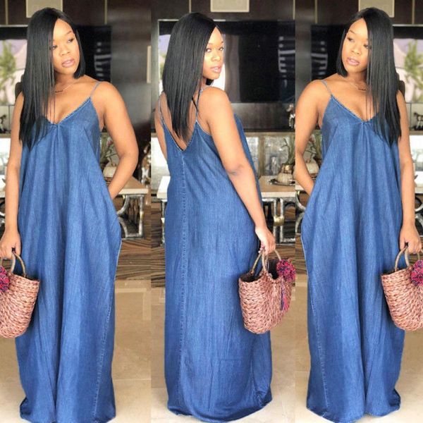 

strapless beach maxi long dress 2021 summer boho women v neck backless casual loose solid denim dresses plus size vestidos, Black;gray