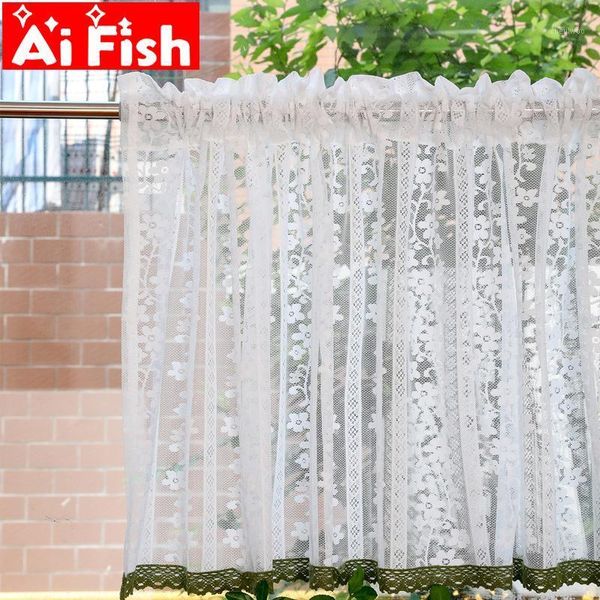 

white short valance mesh fabric with green lace side rod pocket curtain for kitchen window cabinet tulle voile drapes zh053#401