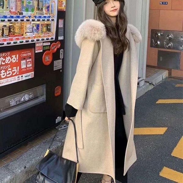 

women's wool & blends autumn and winter 2021 knee length tweed coat fur collar hooded cape double faced cashmere for women, Black