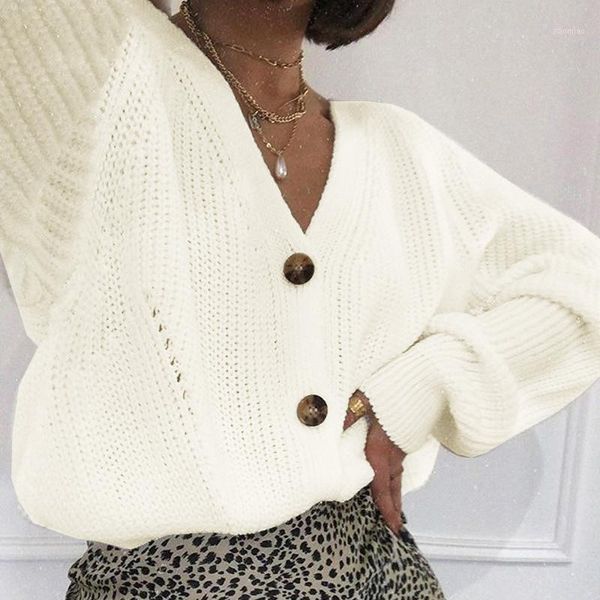 

women knitted sweater v neck casual loose long sleeve sweater cardigans 2020 autumn single row button female coat1, White