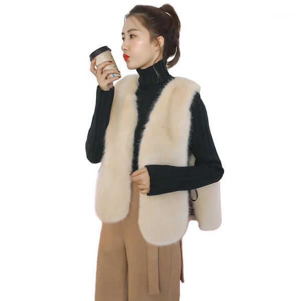 

women's fur & faux fashion korean version vest coat for women high imitation side open with belt jacket pc2791, Black