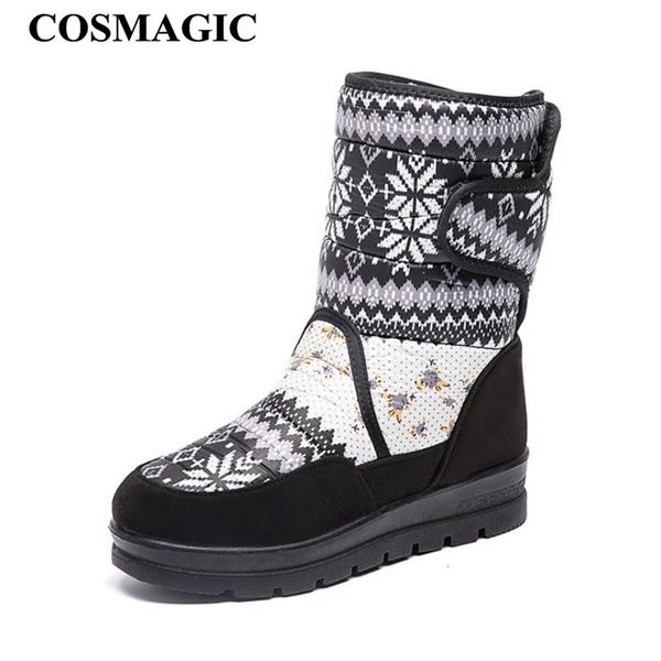 

cosmagic 2020 new winter women non-slip mid-calf snow boots wedge med heel booties platform plush inside round toe botas mujer, Black