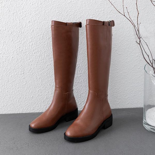 

2021 knee high boots women autumn winter warm genuine leather party office shoes woman buckle rouned toe high boots, Black