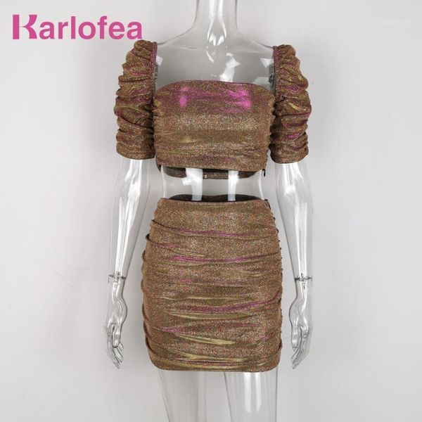 

karlofea new sparkle crop shirts ruched mini skirt women sets lovely two piece matching suit outfits elegant club party wear1, White