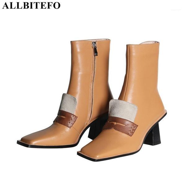 

boots allbitefo brand high heels genuine leather square toe ankle for women thick office ladies shoes autumn boots1, Black
