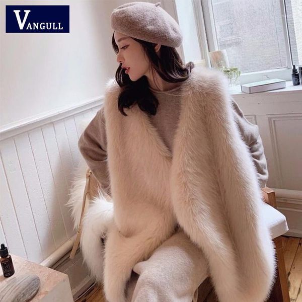 

vangull faux fur vest women winter fashion medium long artificial fur vests woman warm fake coats female ladies1, Black