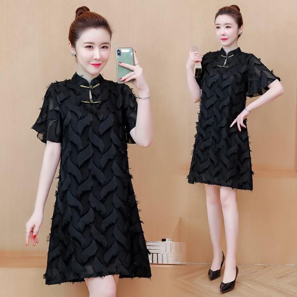 

black tassels chic summer chiffon qipao women 2021 new fashion chinese traditional dress plus size 3xl 4xl daily cheongsam dress, Red