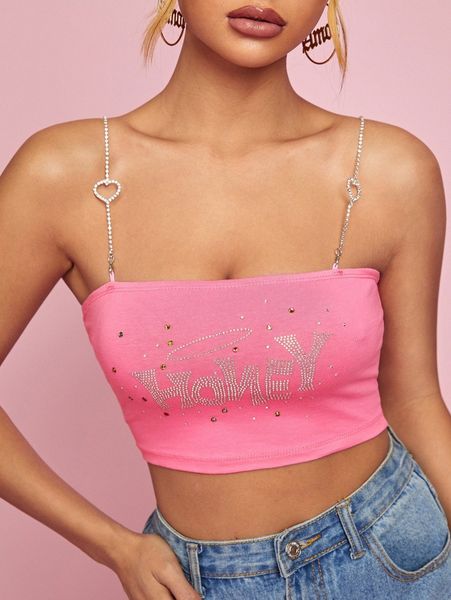 

rhinestone letter pattern crop cami j2a0#, White