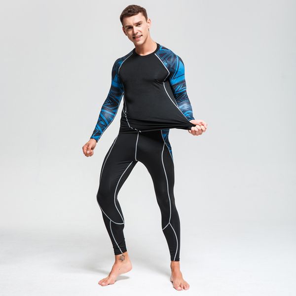 

men's suit running thermal underwear kit mens compression tights fitness training shirt sport leggings 2 piece tracksuit men, Black;white