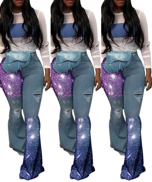 

2020 lvt sepuin patchwork ripped flare jeans for women fashion party club denim pants female skinny elegant casual long jeans1, Blue