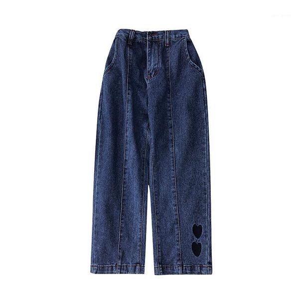 

2019 summer new fashion design women's feet embroidered dark blue jeans ladies loose high waist wide leg pants nine pants1