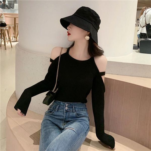 

online celebrity fashion shirt fashion new style female crew neck gua bo off-the-shoulder slim fit long sleeve knit low wai1, White