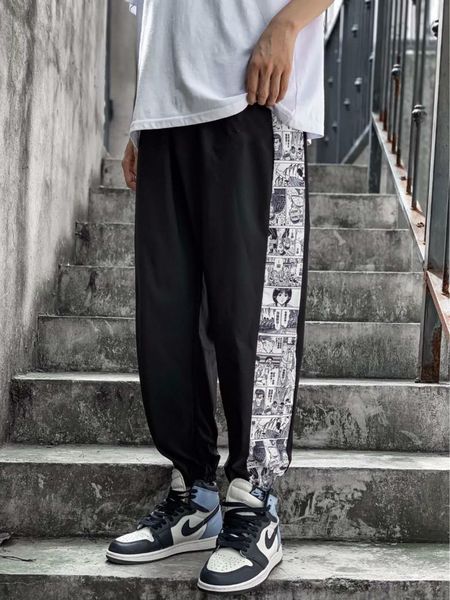 

mens leggings pants with japanese anime print joggers sweatpants for fall fashion drawstring sport streetwear hip hop harem pant 1001, Black