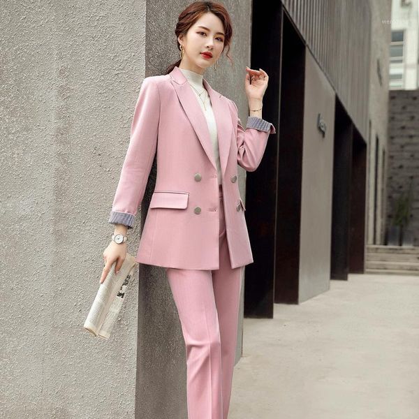 

fashion fall autumn winter new pant suit women casual pink apricot long sleeve loose double breasted blazer and pant 2 piece set1, White;black