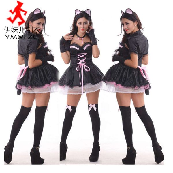 

halloween game uniform role playing female rabbit cat girl costume, Black;gray