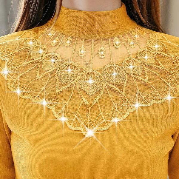 

2021 new women autumn winter warm turtleneck blouse lady elegant embroidery fashion slim hollow out mesh diamonds shirt a363, White
