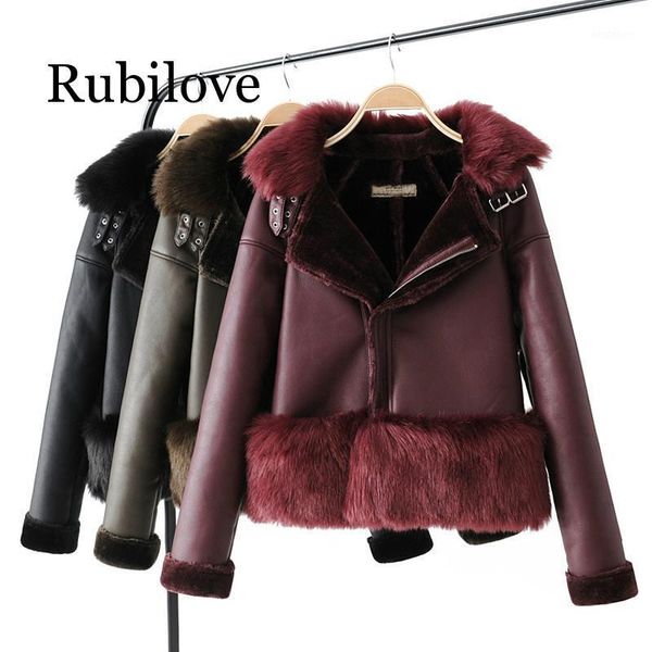 

women's leather & faux winter fur jacket women thick warm lambs wool collar motorcycle zipper outerwear1, Black
