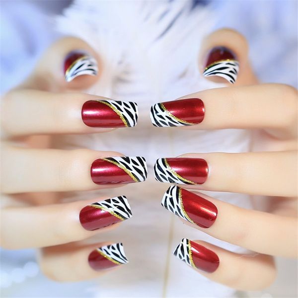 

fashion 24pcs square head with rhinestone false nail black and blue french fake nail tips glitter gradient full cover nail tips, Red;gold