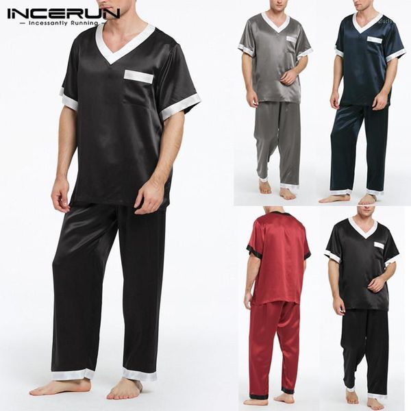 

incerun men pajamas sets patchwork nightwear soft short sleeve leisure v neck long pants 2020 men sleepwear sets loungewear1, Black;brown