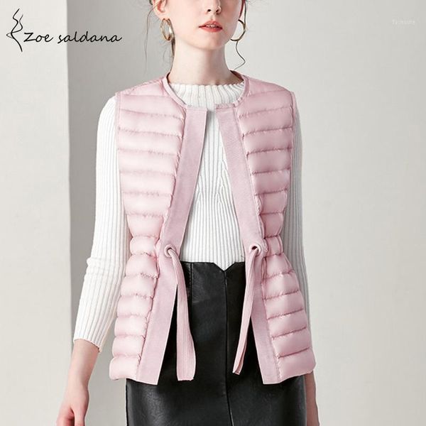 

women's down & parkas zoe saldana 2021 lightweight vest jackets women's elegant o-neck sleeveless drawstring waist slim duck coat1, Black