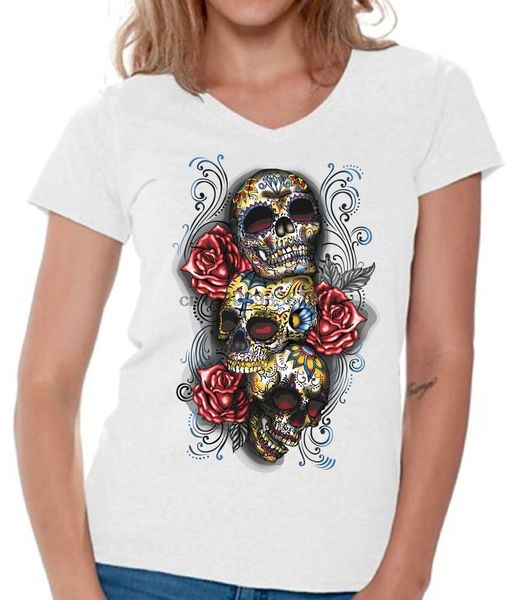 

череп v-образный вырез рубашки футболка для женщин три sugar skulls розы дня мертвых (1) спорта с капюшоном hoodie