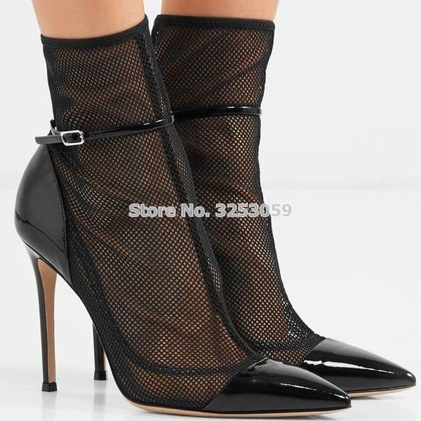 

almudena brand pointy toe lace net mesh cage boots patent leather patchwork buckle strap ankle booties women sandals, Black