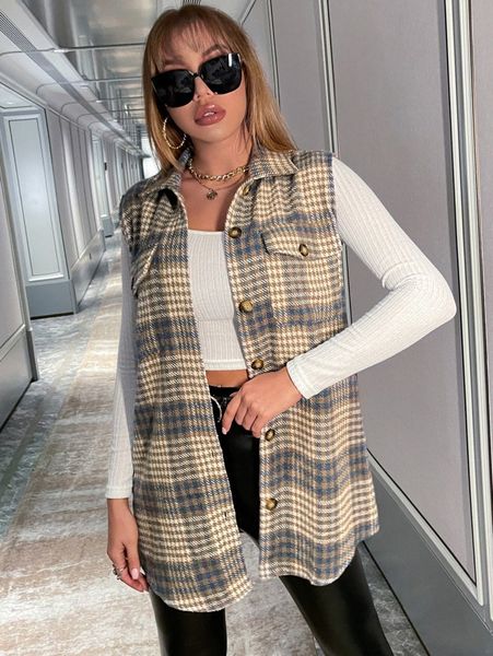 

plaid flap pocket vest overcoat s2dg#, Black