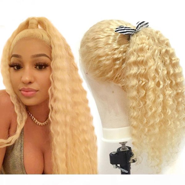 

613 blonde lace front wig brazilian deep wave pre plucked with baby hair transparent lace front human hair wigs remy lace wig, Black;brown