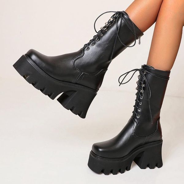 

boots lapolaka large sizes 44 square high heels platform fashionable winter woman shoes shoelaces cool motorcycles, Black