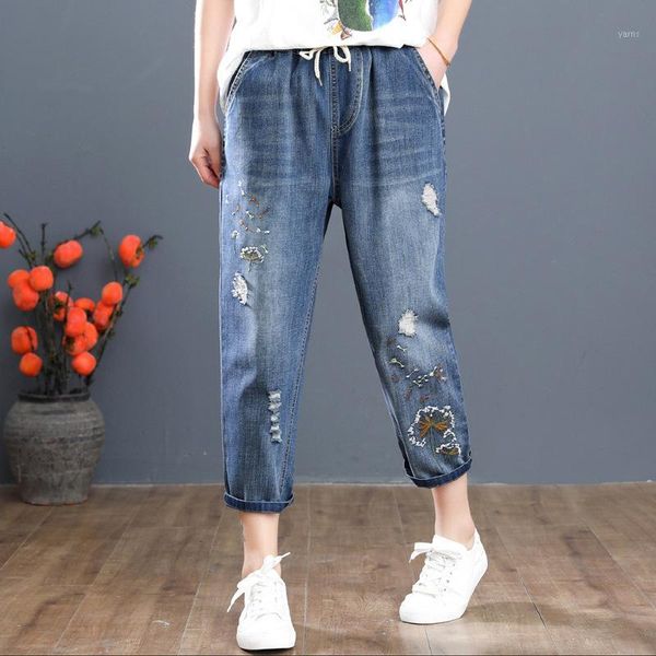 

calf-length women elastic waist ripped jeans woman denim pant summner 2020 vintage loose flower embroidery jean femme plus size1, Blue