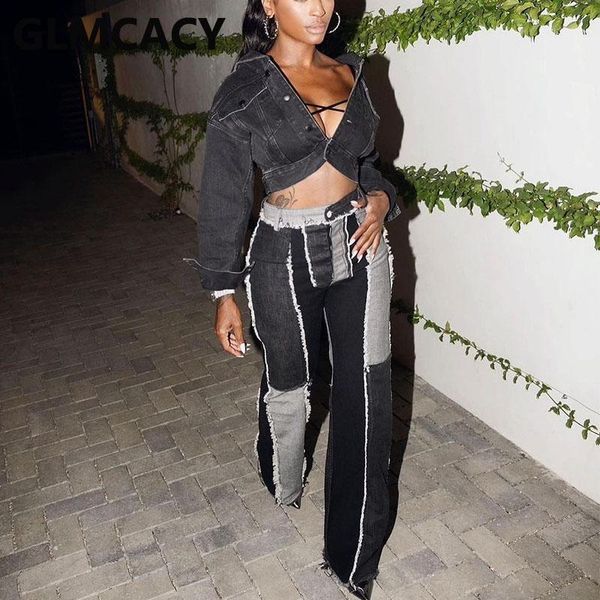 

women chic patchwork denim pants fringed detail jeans1, Blue