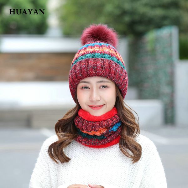 

huayan autumn and winter double thick knitted cap no removable hair ball hat scarf set, Blue;gray
