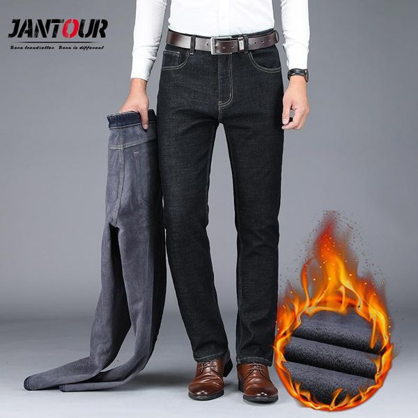 

men's jeans men autumn winter fleece pants 2021 business casual thicken elasticity straight work trousers big size 28-42, Blue