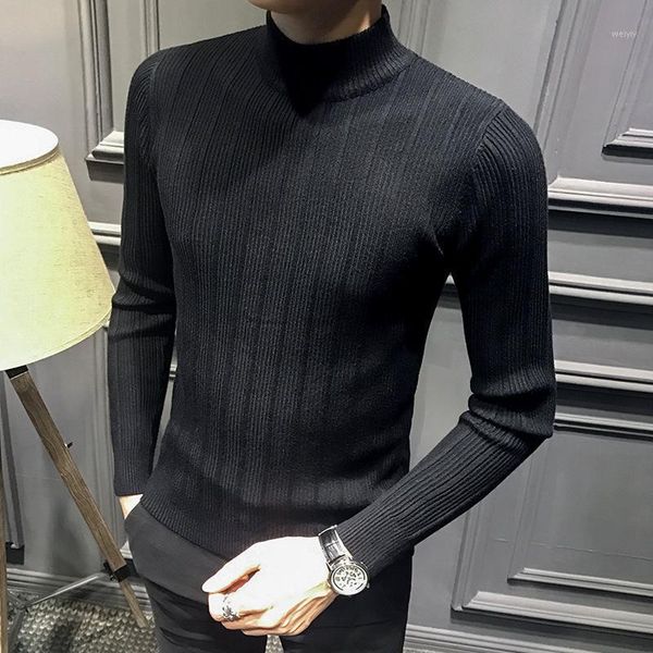 

autumn and winter men's sweater striped wild half-high neck long-sleeved sweater in the collar casual slim comfortable1, White;black