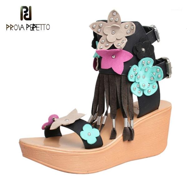 

sandals sweet style girls flower decoration summer bohemia beach holidays shoes rivets buckle fringe open toe wedge women shoes1, Black