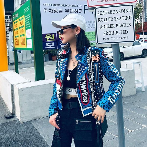 

thailand tide brand autumn new letter graffiti printing rivet slim short leather jacket female personality leopard print y1661, Black