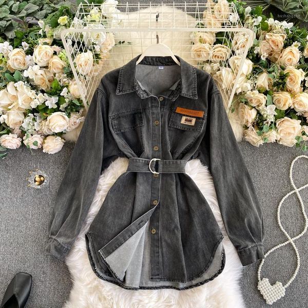 

women classic retro belted medium long denim shirt casual denim, White