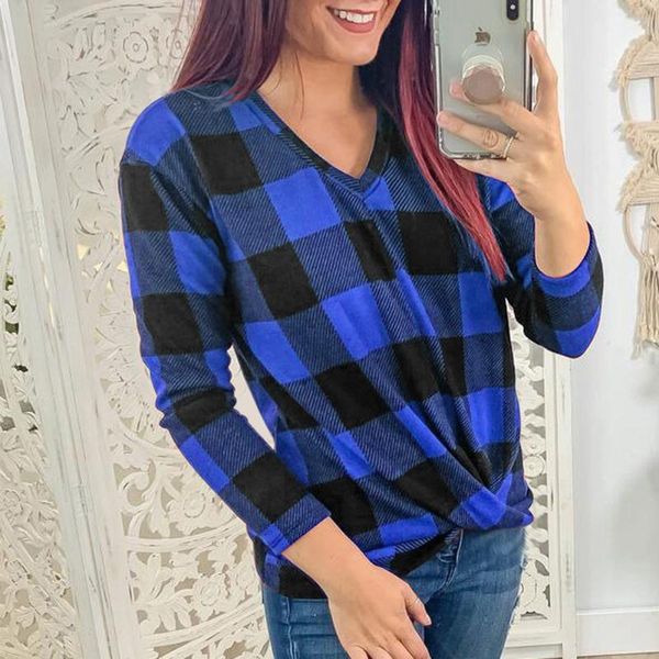 

spring and autumn fashion v-neck long sleeve twist button square plaid casual shirt t-shirt dress, White