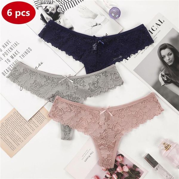 

6 pcs lace women's thong embroidery g-string panties female underwear women tanga briefs lingerie red ladies underwear1, Black;pink