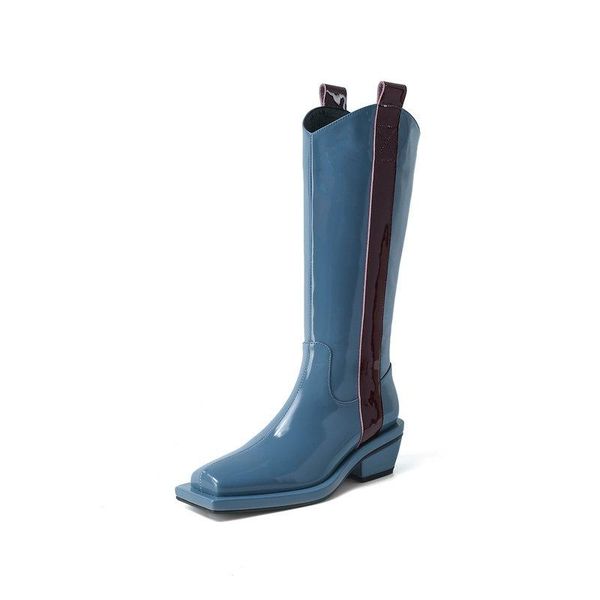 

women knee high boots mixed colors genuine leather zipper shoes woman winter night club working low heels boots, Black