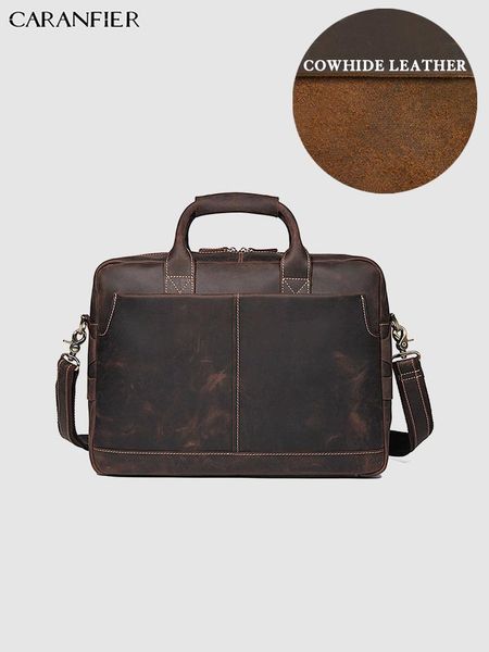 

caranfier mens briefcases genuine cowhide leather crazy horse handbags business 17 inch lapbags waterproof large capacity