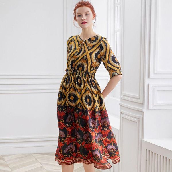 

100% silk dress women printed button o neck half sleeve elastic waist grade fabric long dress summer new fashion 20191, Black;gray