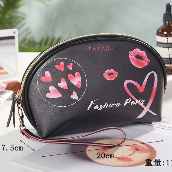 

fashion pu women letters love heart printed cosmetic bag girls ladies makeup bags zipper handbag multi-function washing pack tote gg12104, Black