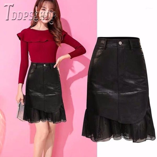 

2020 autumn winter high waist lace patchwork women pu leather skirt fashion female skirts1, Black